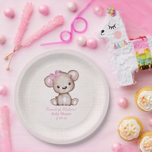 Schattige Bruin Beer Meisje Plaid Roze Papier Bord (Feest)