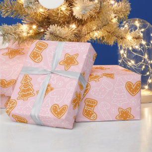 Schattige Bruin en Wit Koekje Roze Kerstmis Cadeaupapier