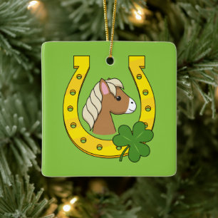 Schattige Bruin Paard w Gouden Hoefijzer, Shamrock Keramisch Ornament