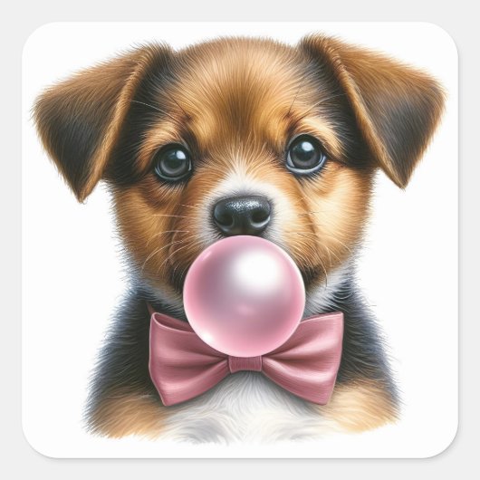 Schattige Bruin Puppy Roze Bow Stropdas Blowing Bu Vierkante Sticker (Voorkant)