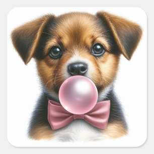 Schattige Bruin Puppy Roze Bow Stropdas Blowing Bu Vierkante Sticker