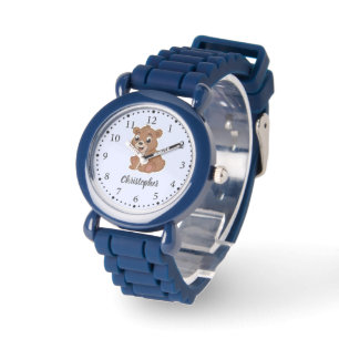 Schattige bruine beer blauw horloge