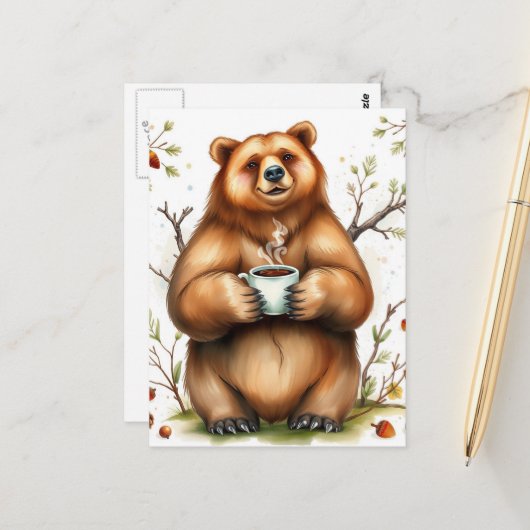 Schattige bruine beer en een kopje koffie briefkaart (Voorkant / Achterkant in situ)