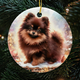 Schattige bruine Pommerse Waterverf Kerst Keramisch Ornament