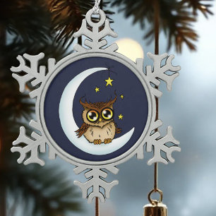 Schattige Bruine Uil Halve Maan Sterren Blauw Tin Sneeuwvlok Ornament