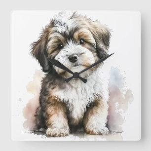 SCHATTIGE BRUINE & WITTE HAVANESE PUPPY DOG VIERKANTE KLOK