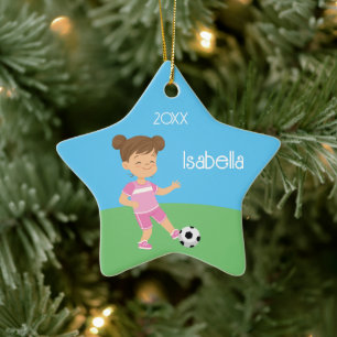 Schattige brunette meisje voetbal speler keramisch ornament