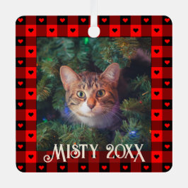 Schattige Buffalo Plaid Harten Aangepaste Kat Huis Metalen Ornament