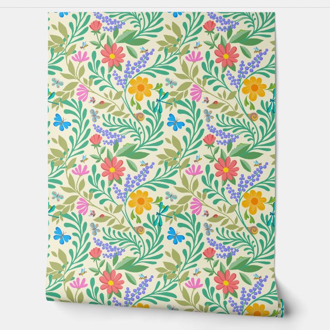 Schattige Bugs Funny Floral Spring Summer Pastel G Behang (Afrollen)