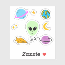 Schattige buitenaards hoofd met planeten, ufo’s en sticker