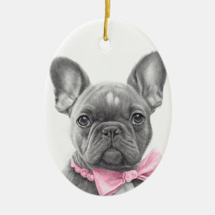 Schattige bulshondpupil met roze boog keramisch ornament