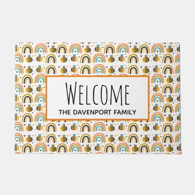 Schattige Bumble Bee en Rainbows Pattern Welkom Deurmat (Voorkant)