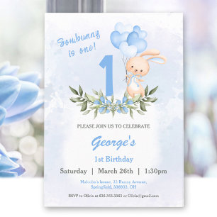 Schattige Bunny Blue Greenery 1st Birthday Boy Kaart