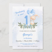 Schattige Bunny Blue Greenery 1st Birthday Boy Kaart (Voorkant)