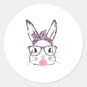 Schattige Bunny Face Pink Leopard Glasses Bubblegu Ronde Sticker