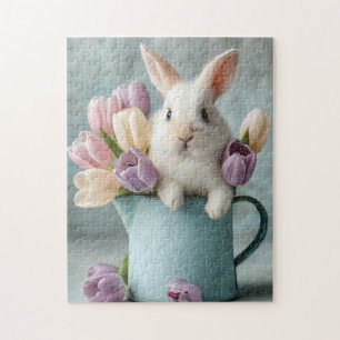 Schattige Bunny Peeking uit een kruik van tulpen Legpuzzel