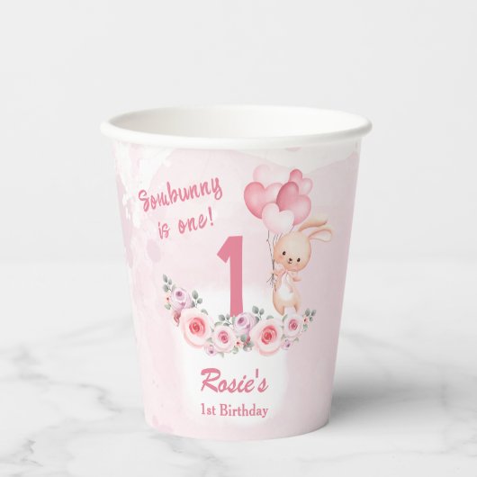 Schattige Bunny Pink 1st Verjaardags Meisje Floral Papieren Bekers (Voorkant)