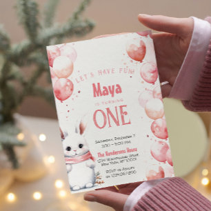 Schattige Bunny Pink Winter Custom Verjaardagsfees Kaart