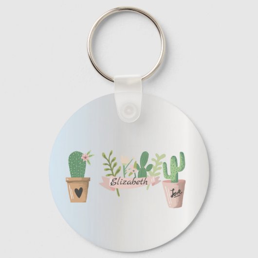 Schattige Cactus, zilver Sleutelhanger (Voorkant)
