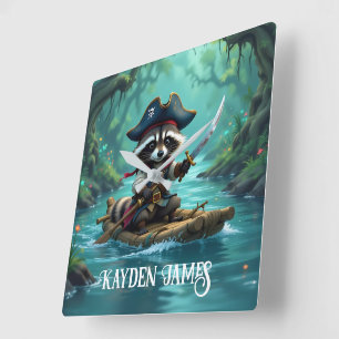 Schattige Captain Raccoon Rafting Down The River Vierkante Klok