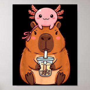 Schattige Capybara die Boba-thee drinkt Kawaii Axo Poster