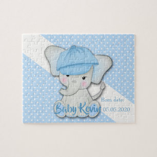 Schattige cartoon baby olifant op een blauwe witte legpuzzel