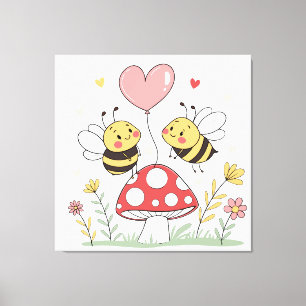 Schattige Cartoon Bijen met Hartballon op Paddenst Canvas Afdruk