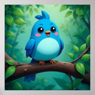Schattige Cartoon Blauwe Vogel Poster