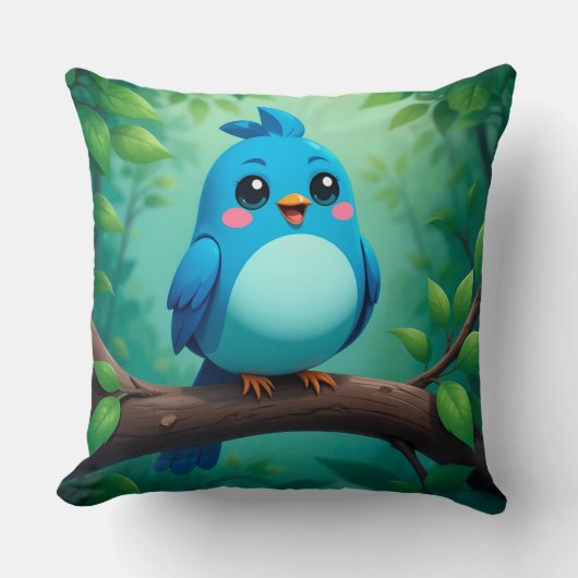 Schattige Cartoon Blauwe Vogel voor Kinderen & Gez Kussen (Voorkant)