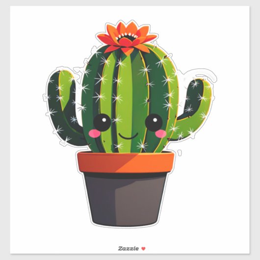 Schattige Cartoon Cactus Plant in Pot Met Bloem Sticker (Vel)