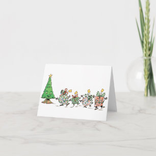 Schattige Cartoon Dansende Kerstcadeaus en Boom Feestdagen Kaart