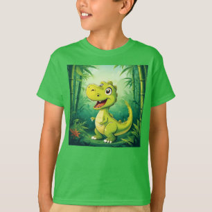 Schattige Cartoon Dinosaur in Weelderige Groene Ju T-shirt