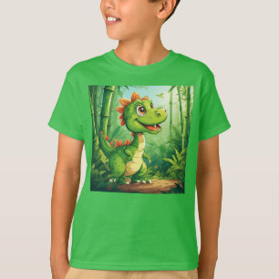 Schattige Cartoon Dinosaur in Weelderige Groene Ju T-shirt
