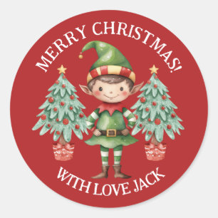 Schattige Cartoon Elf Jongen Prettig Kerstmis Brie Ronde Sticker