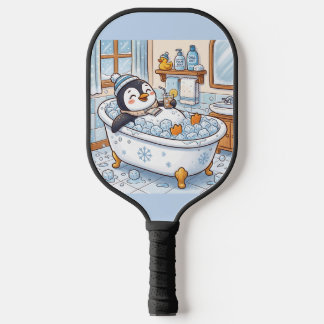 Schattige Cartoon Gelukkige Pinguïn Die Een Bad Ne Pickleball Paddle