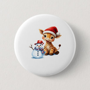 Schattige Cartoon-giraf met kerstmuts en sneeuwman Ronde Button 5,7 Cm