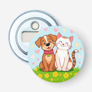 Schattige Cartoon Hond en Kat die Samen Zitten Button Flesopener