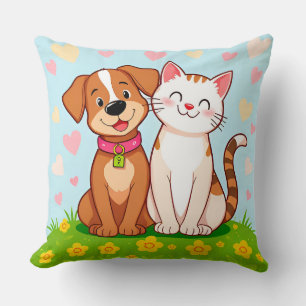 Schattige Cartoon Hond en Kat die Samen Zitten Kussen