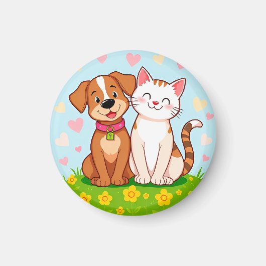 Schattige Cartoon Hond en Kat die Samen Zitten Magneet (Voorkant)