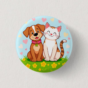 Schattige Cartoon Hond en Kat die Samen Zitten Ronde Button 3,2 Cm