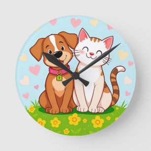 Schattige Cartoon Hond en Kat die Samen Zitten Ronde Klok