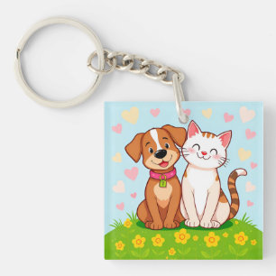 Schattige Cartoon Hond en Kat die Samen Zitten Sleutelhanger