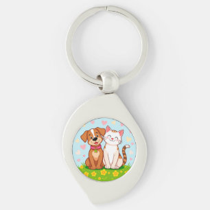 Schattige Cartoon Hond en Kat die Samen Zitten Sleutelhanger