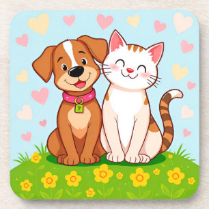 Schattige Cartoon Hond en Kat Samen Zittend Bier Onderzetter