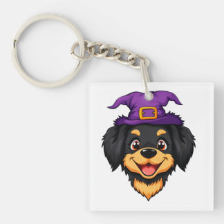 Schattige Cartoon Hond met een Paarse Heksenhoed Sleutelhanger