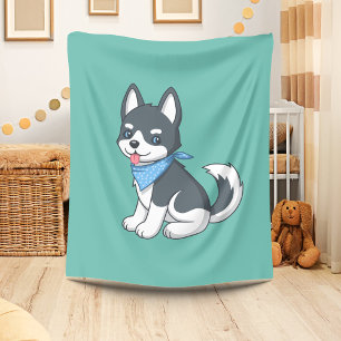 Schattige Cartoon Husky Puppy Hond op Groen Fleece Deken