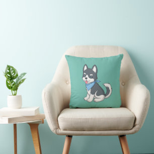 Schattige Cartoon Husky Puppy Hond op Groen Kussen