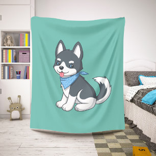 Schattige Cartoon Husky Puppy Hond op Groen Sherpa Deken