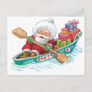 Schattige Cartoon Jollie Kerstman in een Roeiboot Feestdagenkaart