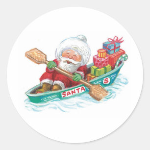 Schattige Cartoon Jollie Kerstman in een Roeiboot Ronde Sticker